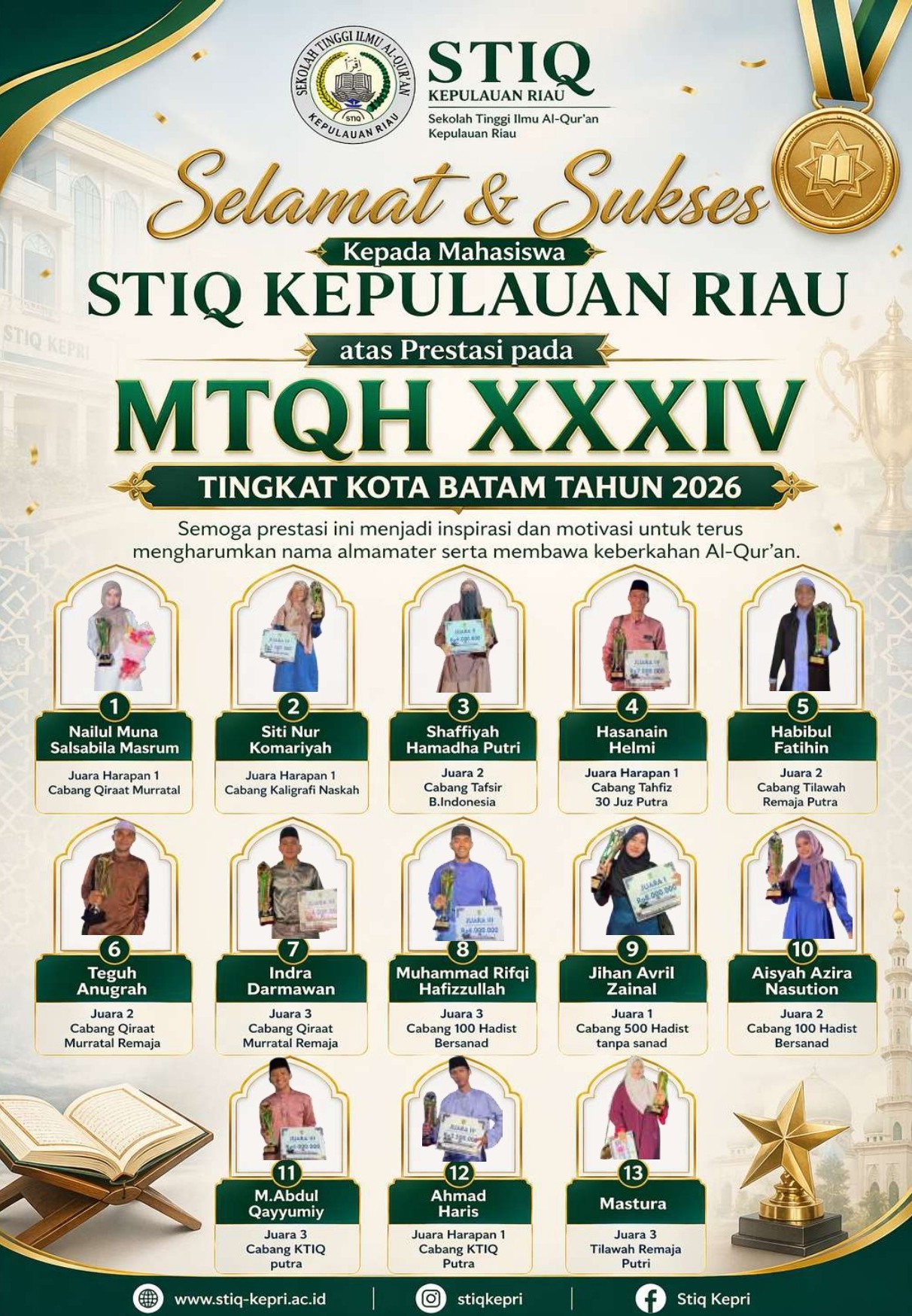 UCAPAN SELAMAT & SUKSES KEPADA MAHASISWA PERAIH PRESTASI PADA MTQH XXXIV TINGKAT KOTA BATAM TAHUN 2026